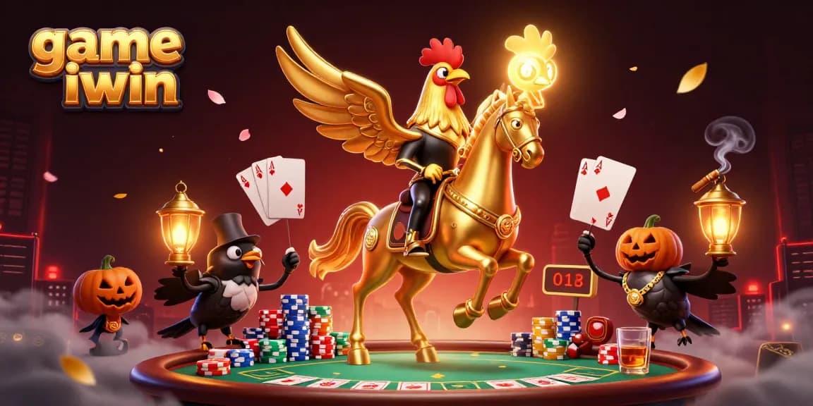 Play exciting game iwin with golden rooster and spectral horse amidst vibrant casino chaos.