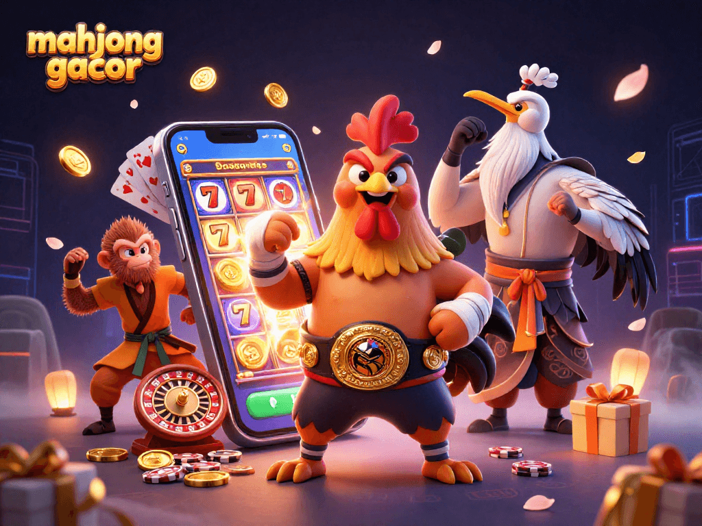 Experience the excitement of mahjong gacor with dynamic gambling characters amidst spinning slots and poker elements.