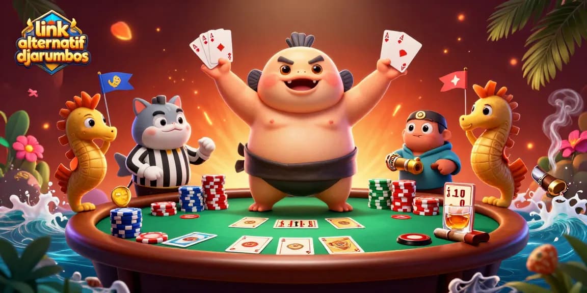 Engage in exciting gameplay with link alternatif djarumbos in this vivid underwater casino scene featuring colorful poker chips and a blowfish sumo.