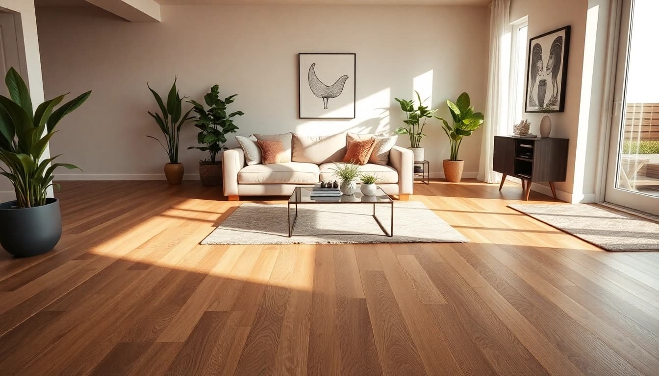 Belle pièce présentant un carrelage imitation parquet avec un design intérieur chaleureux et moderne.