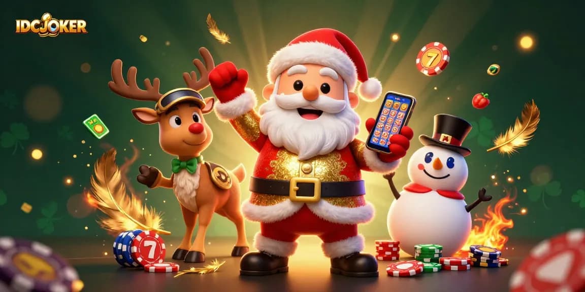 IDCJOKER showcases Santa winning big on slots with festive friends in a dazzling casino scene.