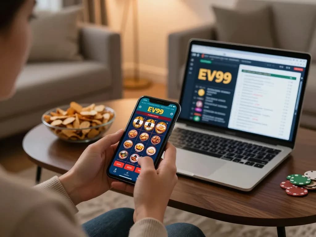 Engaging in online gaming on the EV99 app in a cozy home setting, showcasing responsible gambling.
