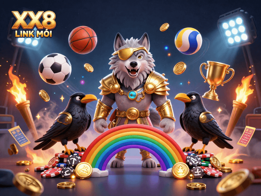 Engage with the exciting visuals of XX8 LINK MỚI showcasing Norse mythology and vibrant casino elements.