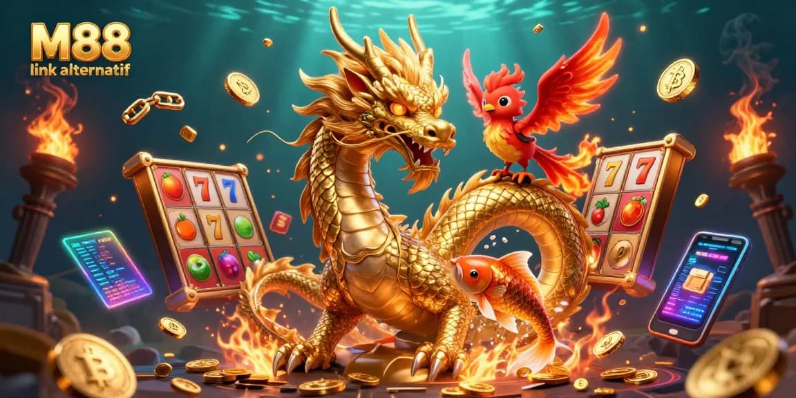 Experience M88 link alternatif with vibrant slot reels and 3D characters in a dynamic casino scene.