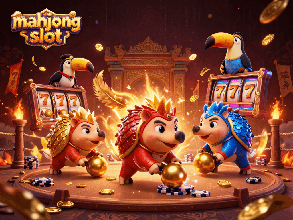 Spin the mahjong slot reels in a vibrant casino scene with playful pangolins and rich details.