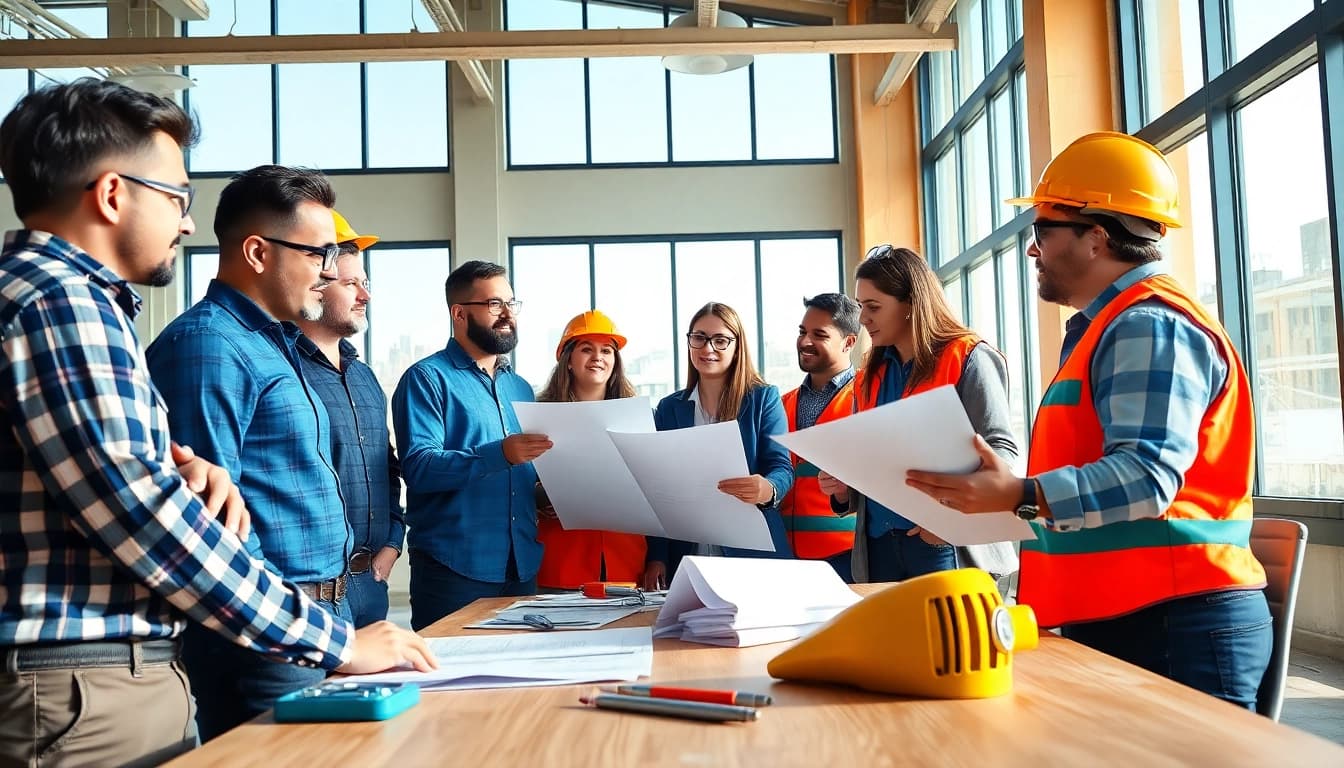 Engaging discussion on construction advocacy among diverse professionals in a modern office.