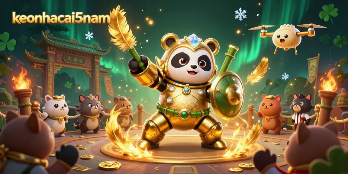 Engage in thrilling battles with keonhacai5nam's golden panda mech-suit in a vibrant 3D casino arena