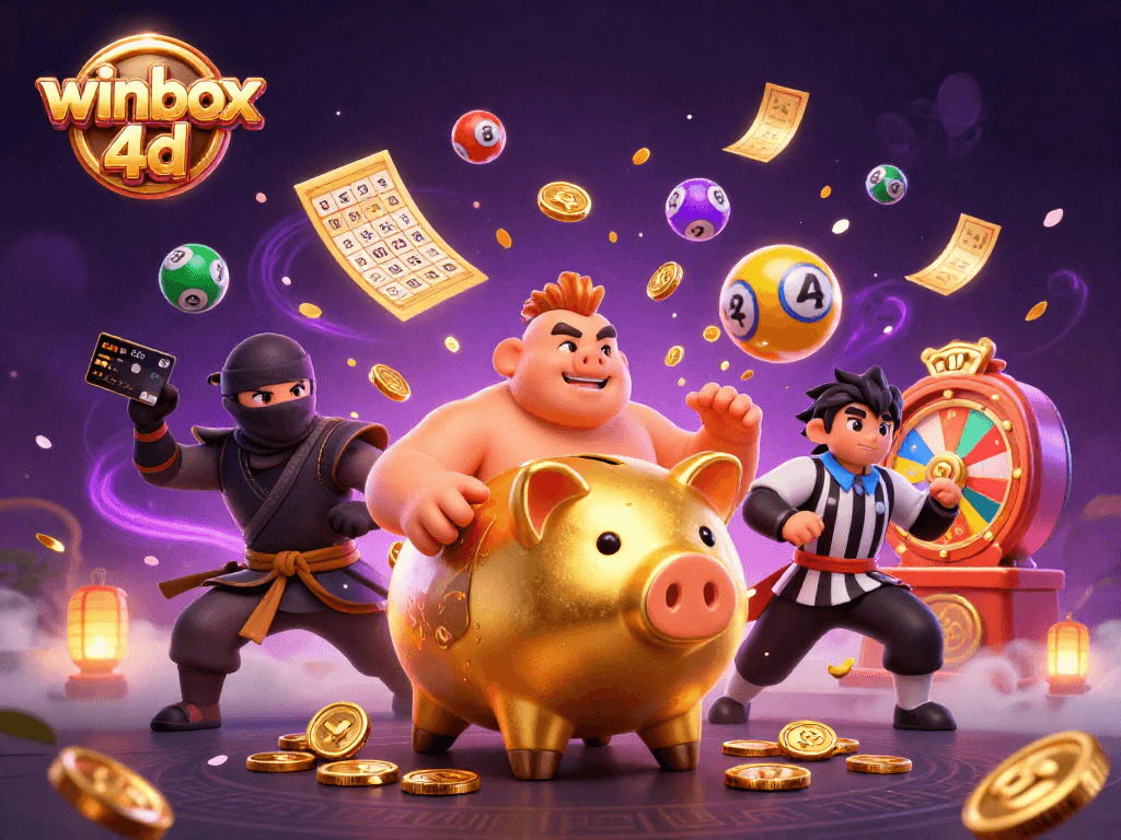 Winbox 4D features an epic illustration of a golden piggy bank sumo wrestler amidst colorful lottery elements.