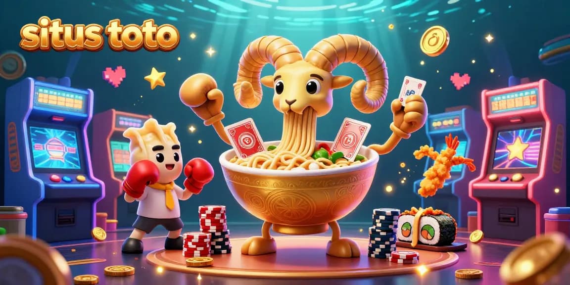 Situs toto players engage in vibrant casino fun with a giant golden ramen bowl and lively characters.