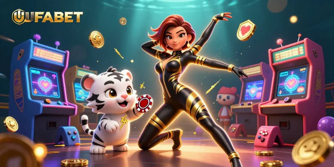 Bet on UFABET with vibrant 3D casino illustration featuring gaming machines and symbols.