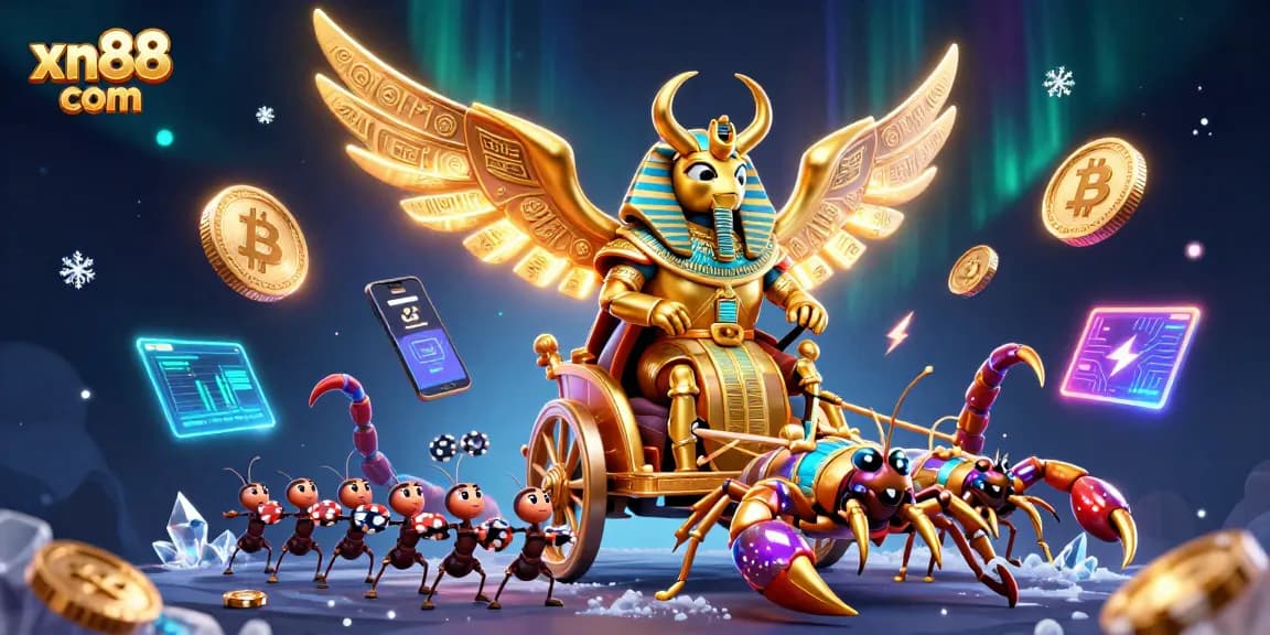Engage with xn88 com for thrilling casino action featuring 3D golden scarab and crypto elements.