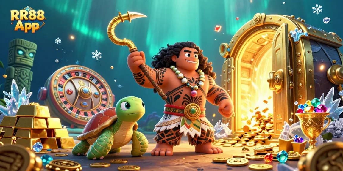 Experience excitement with RR88 App featuring vibrant casino elements, gold treasures, and Polynesian characters.