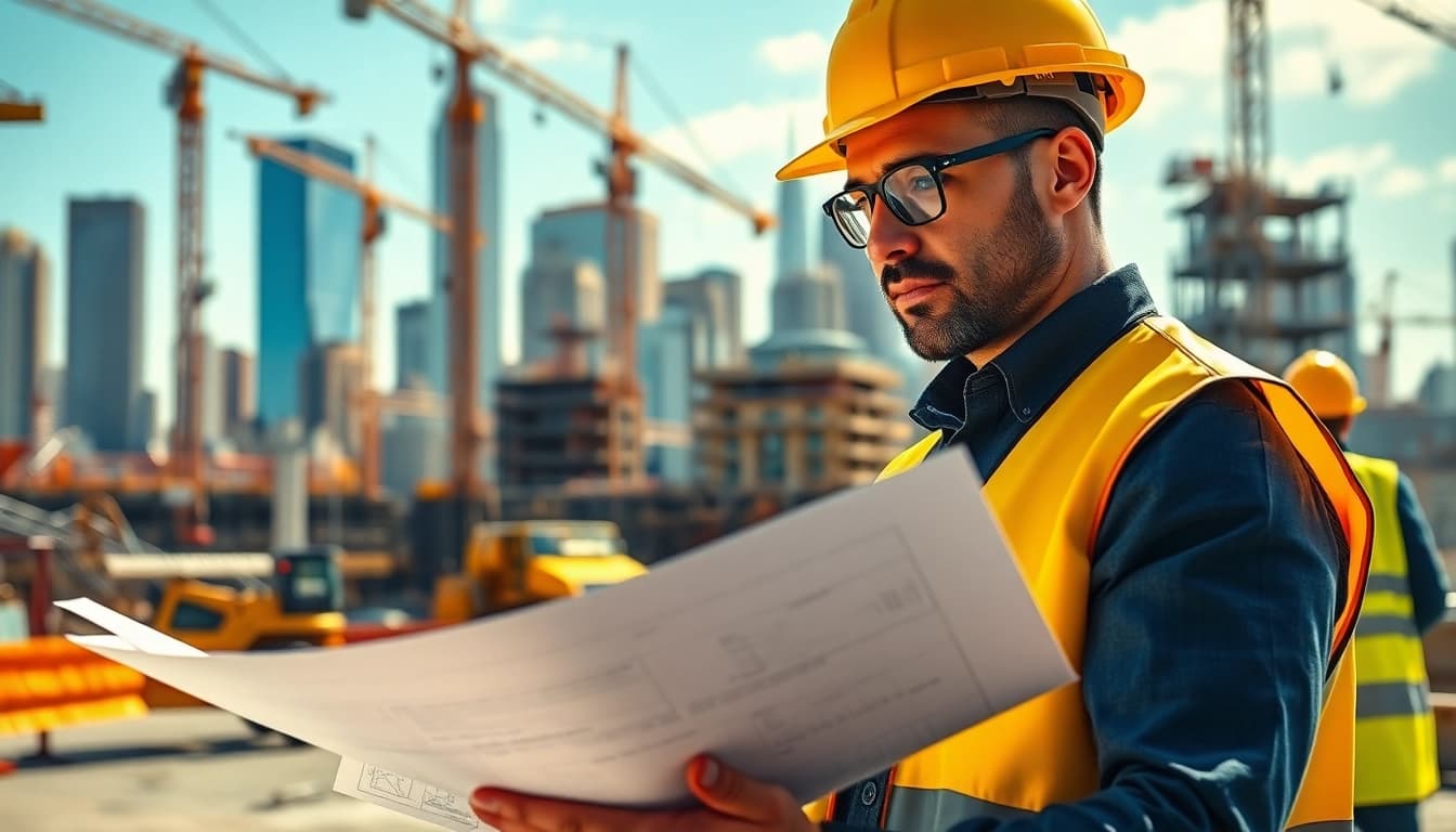 New York Construction Manager supervising a bustling construction site with professional focus and expertise.