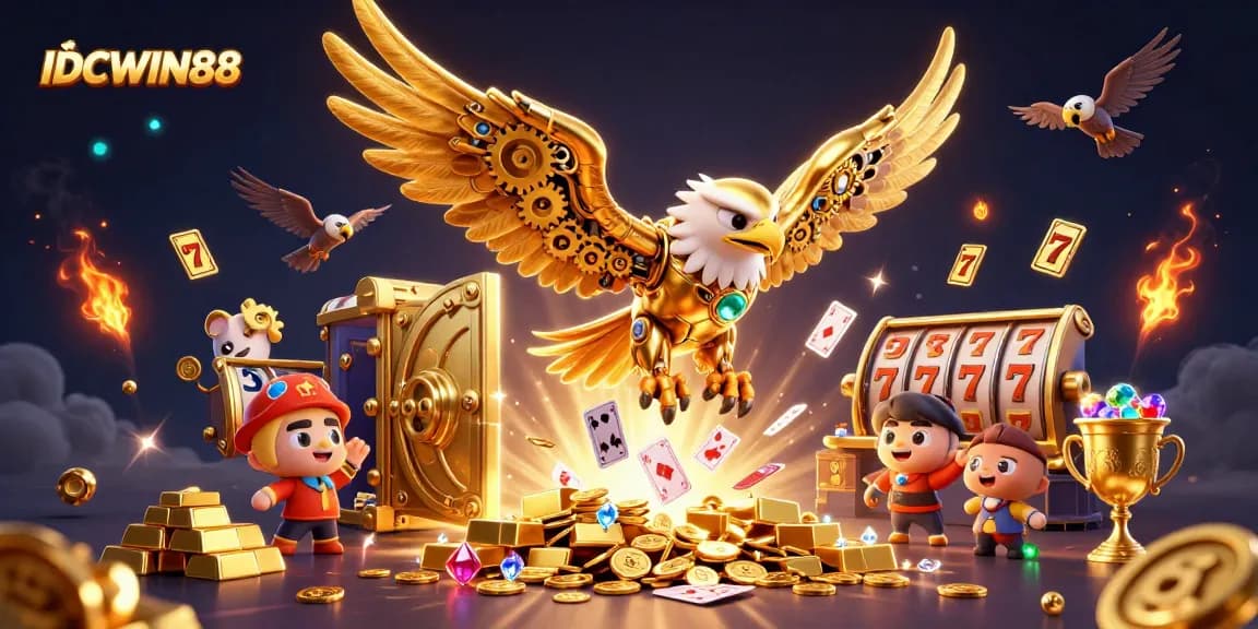 IDCWIN88 inspires thrilling gold rush excitement with dynamic slot gaming elements in vibrant 3D.