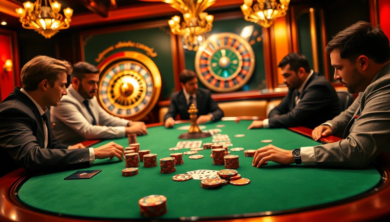 Experience the thrill of gambling with link 789club at a high-stakes poker table surrounded by vibrant poker chips.