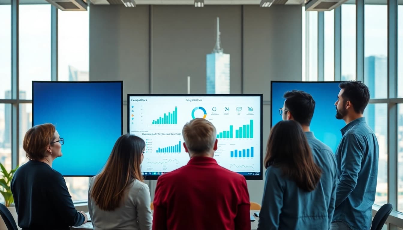 Visual representation of AI for competitive intelligence being used by a diverse team analyzing market data.