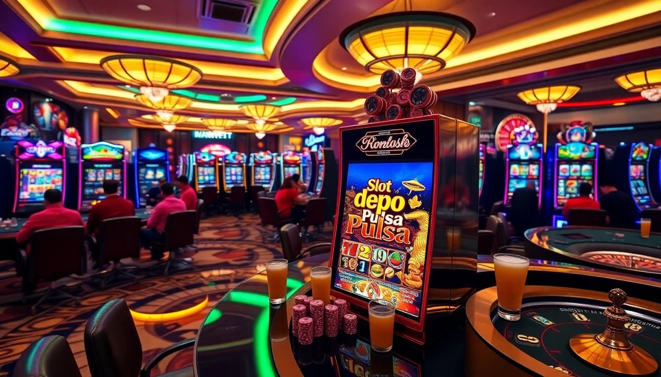 Pemain meraih kemenangan besar pada mesin slot Depo Pulsa di suasana kasino yang ramai.