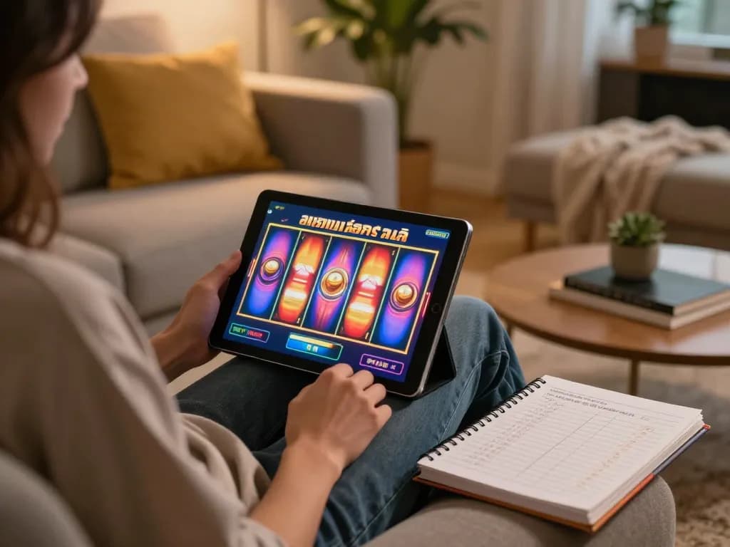 Engaging online gaming scene showing a player ทดลองเล่นสล็อต on a tablet at home, highlighting a relaxed atmosphere
