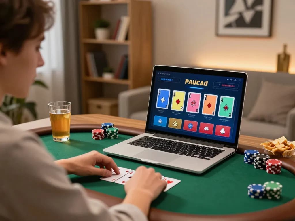 Engaging in a strategic sh bet poker game on a stylish laptop, showcasing responsible gaming.