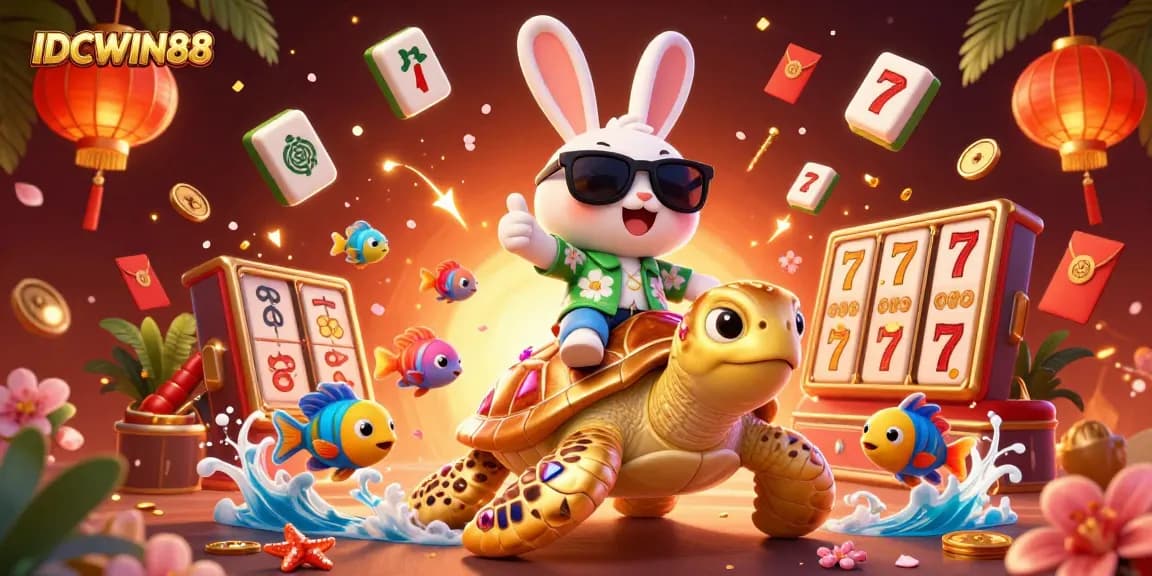 Engage with IDCWIN88's vibrant gaming experience, showcasing a lucky rabbit and golden turtle amid delightful slot elements.