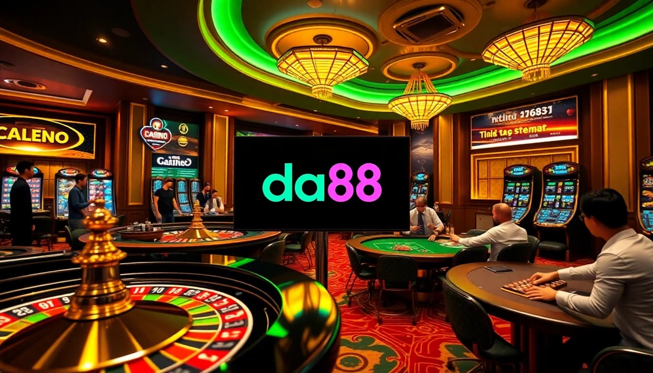 Exciting gambling action showcasing nhà cái da88 with vibrant casino elements like poker chips and roulette wheels.