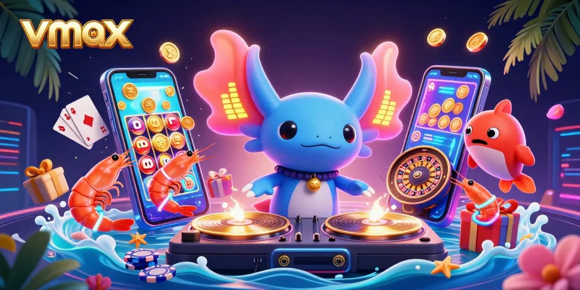Engaging vmax online gaming scene featuring a neon axolotl DJ with vibrant casino elements