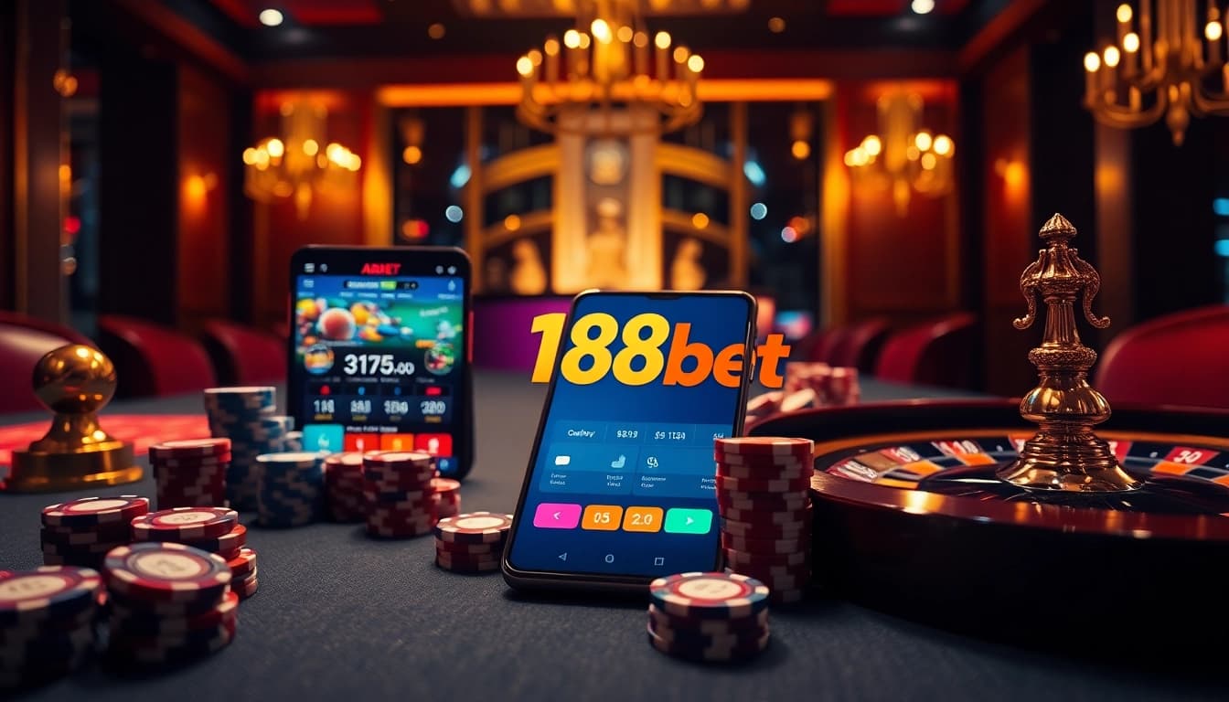 Experience online betting at 188bet with a luxurious casino scene featuring gaming elements.