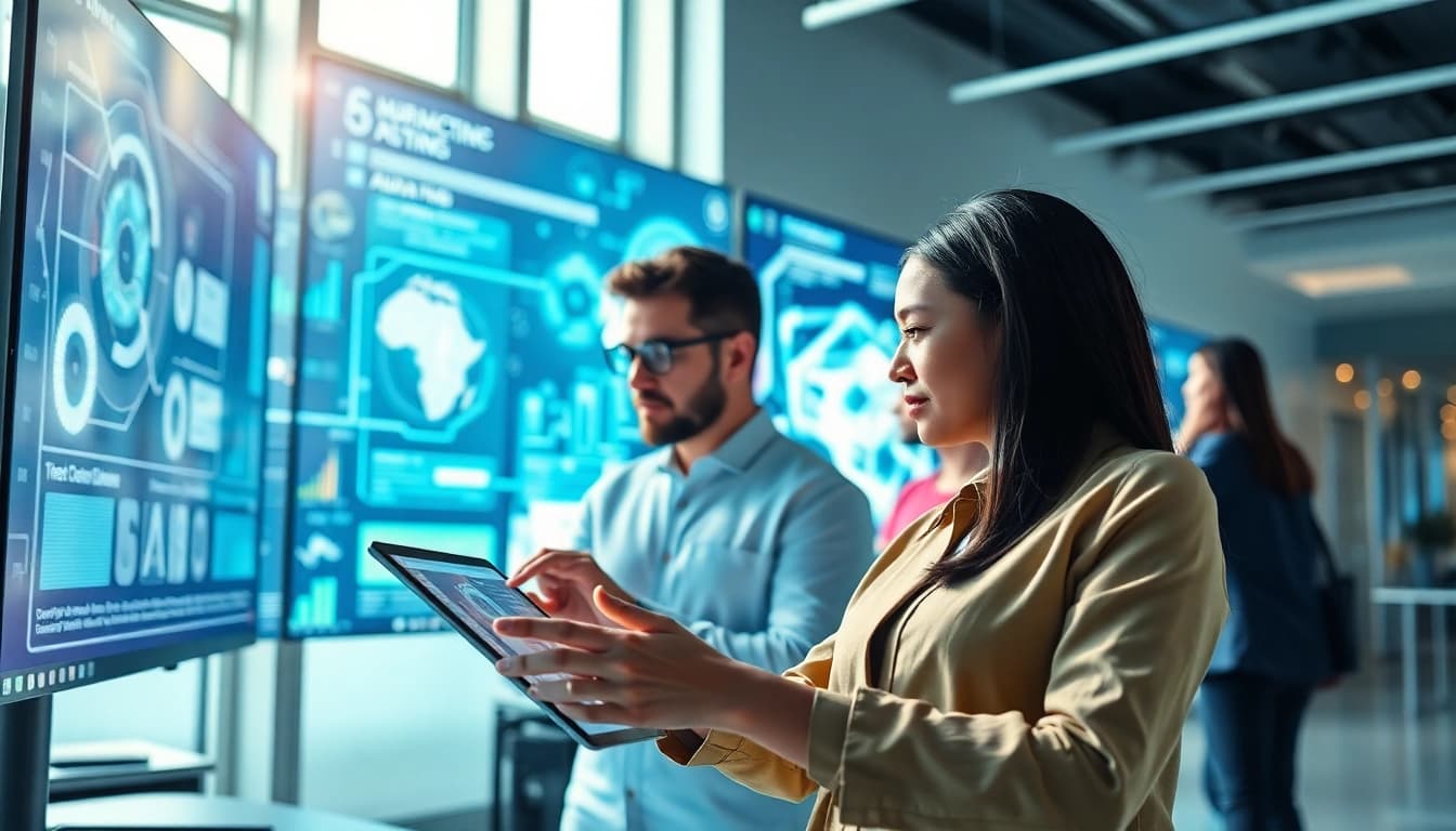 Team collaborating with technology tools showcasing innovative solutions in a modern workspace.