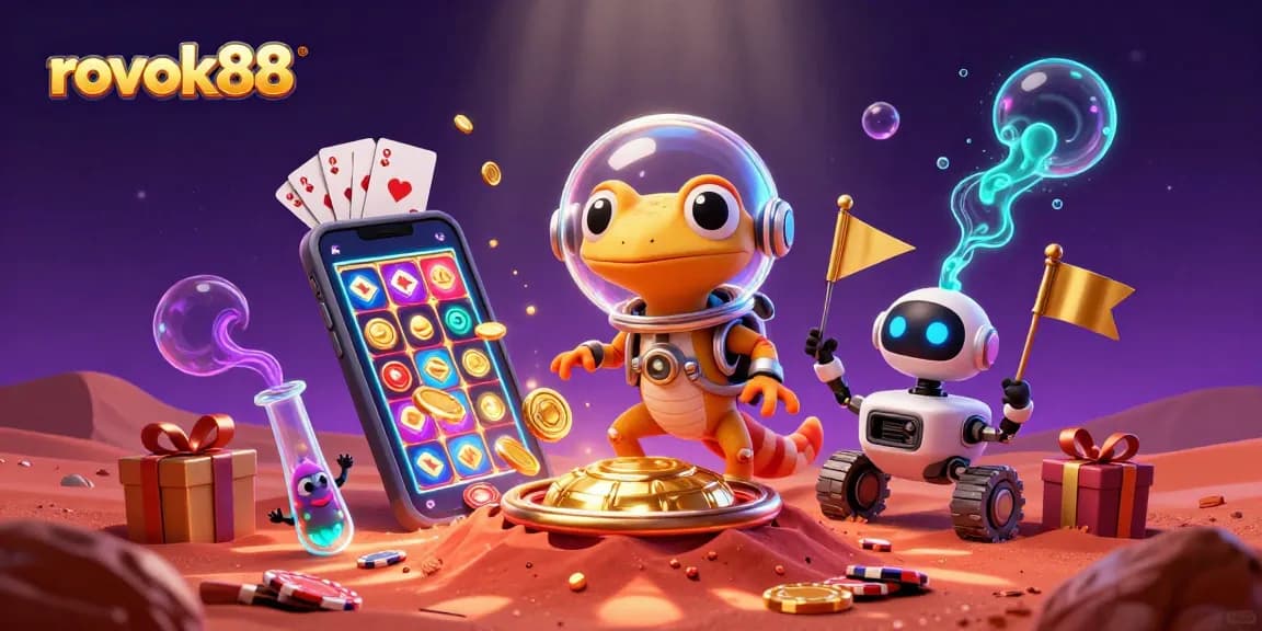 Play and win at rokok88 in this lively Martian casino scene filled with excitement and colorful games.