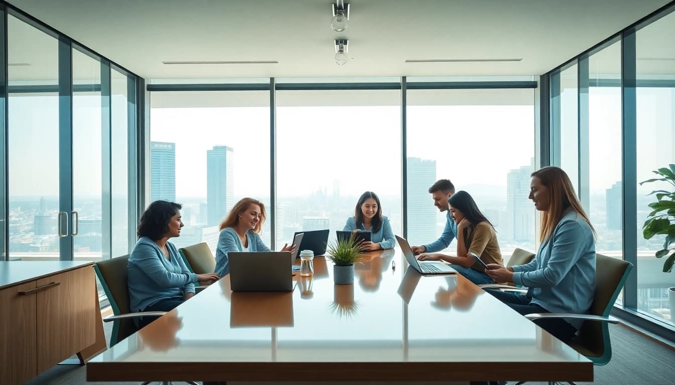 A dynamic team at a digital marketing company collaborating in a modern office setting.