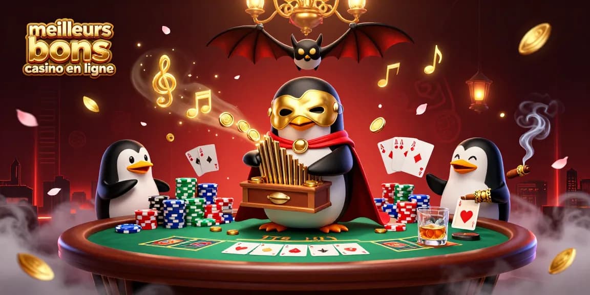 Illustration dynamique des meilleurs bonus de casino en ligne montrant un pingouin fantôme jouant un orgue avec des pièces d'or et un acrobate chauve-souris.