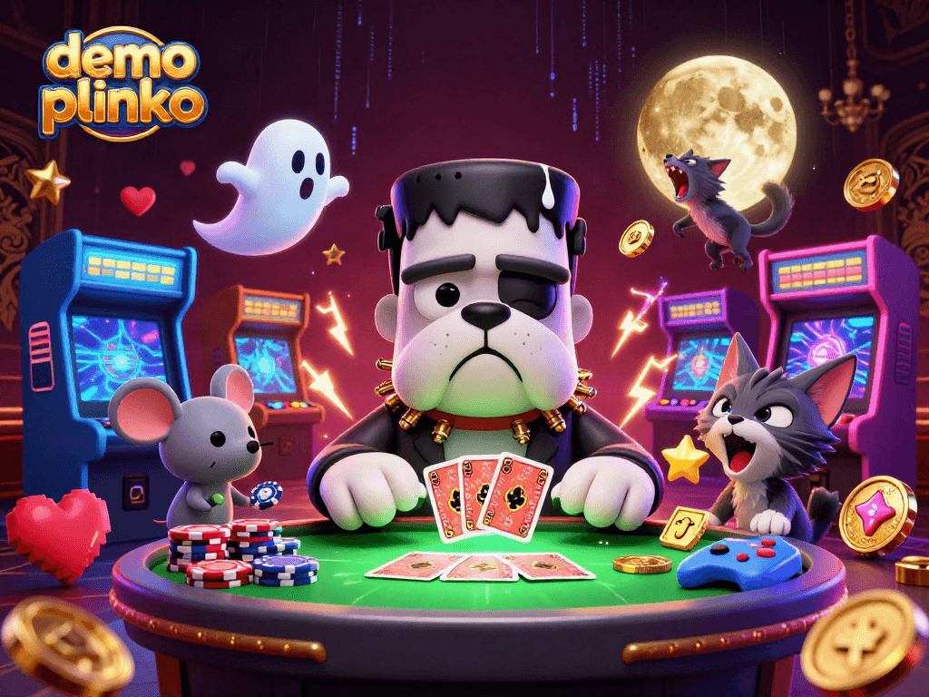 Play demo plinko with the Frankenstein bulldog, ghost mouse, and werewolf kitten in a vibrant casino scene.