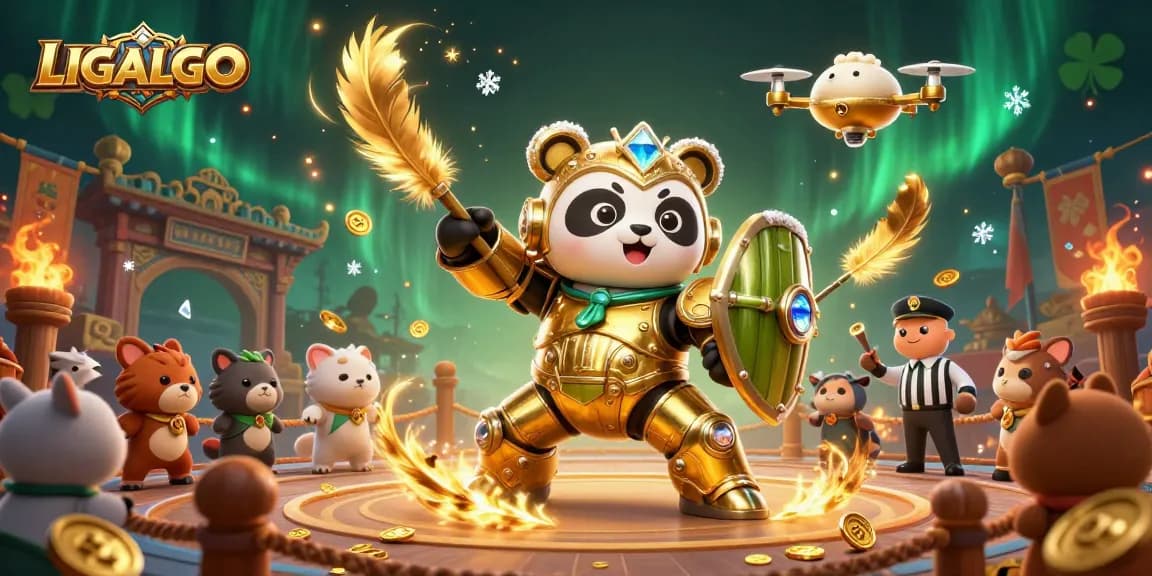 LIGALGO slots action with a mech-suit golden panda battling in a vibrant arena surrounded by animal fans.