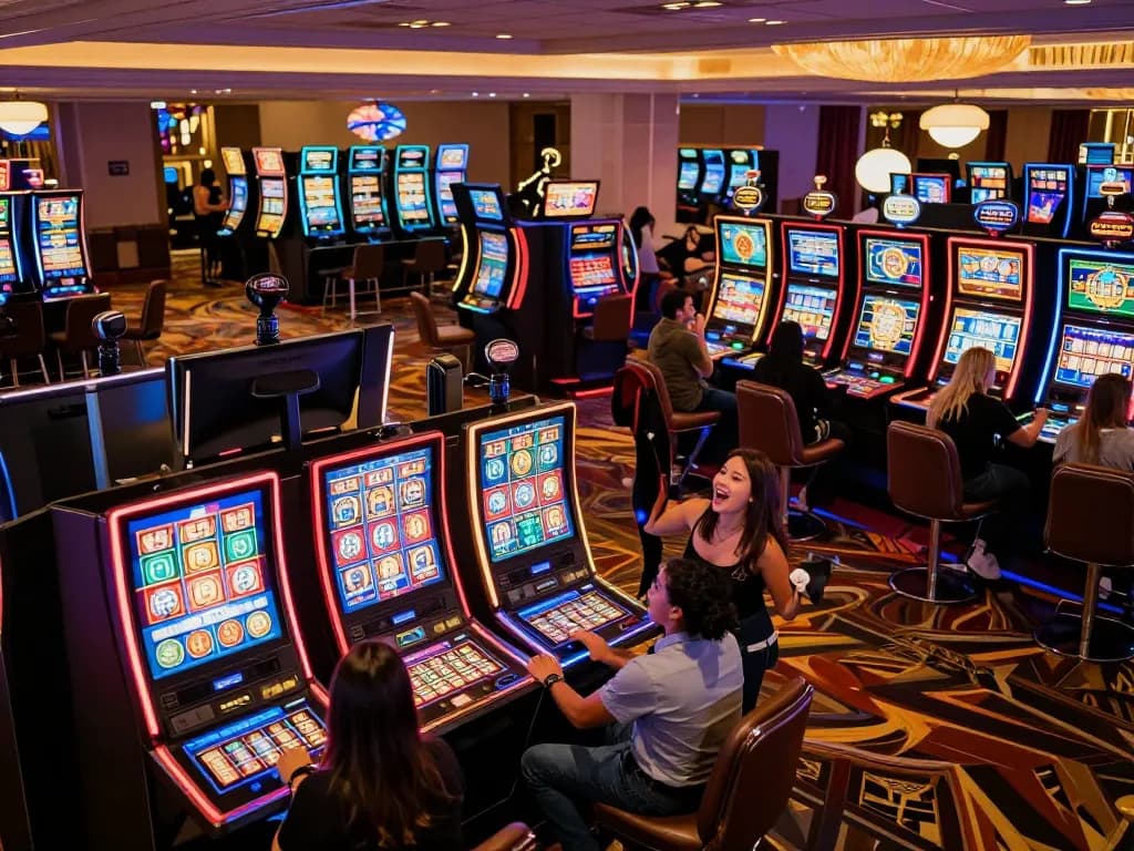 Players enjoy exciting moments at colorful slot machines in a vibrant F168 casino atmosphere.