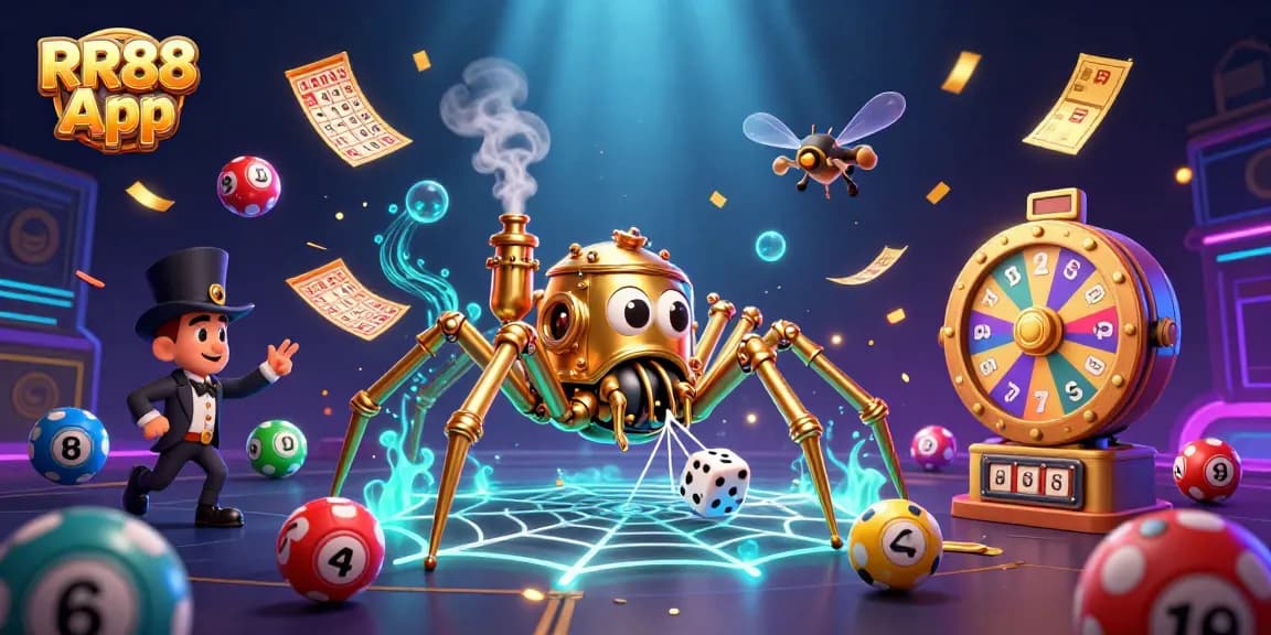 Experience the thrilling RR88 App with a vibrant 3D illustration of dynamic games and exciting elements.