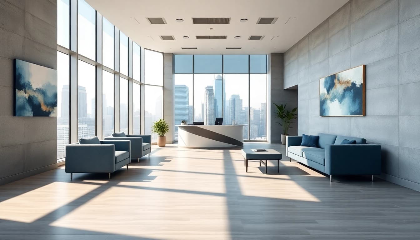 Showcasing modern real estate office with inviting design and city skyline view.