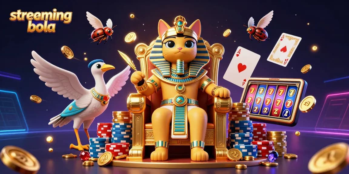 Stream bola action featuring a cartoon pharaoh cat and colorful casino elements in HD.