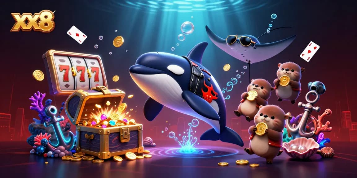 Experience thrilling moments with xx8 in this vibrant underwater casino adventure illustration.