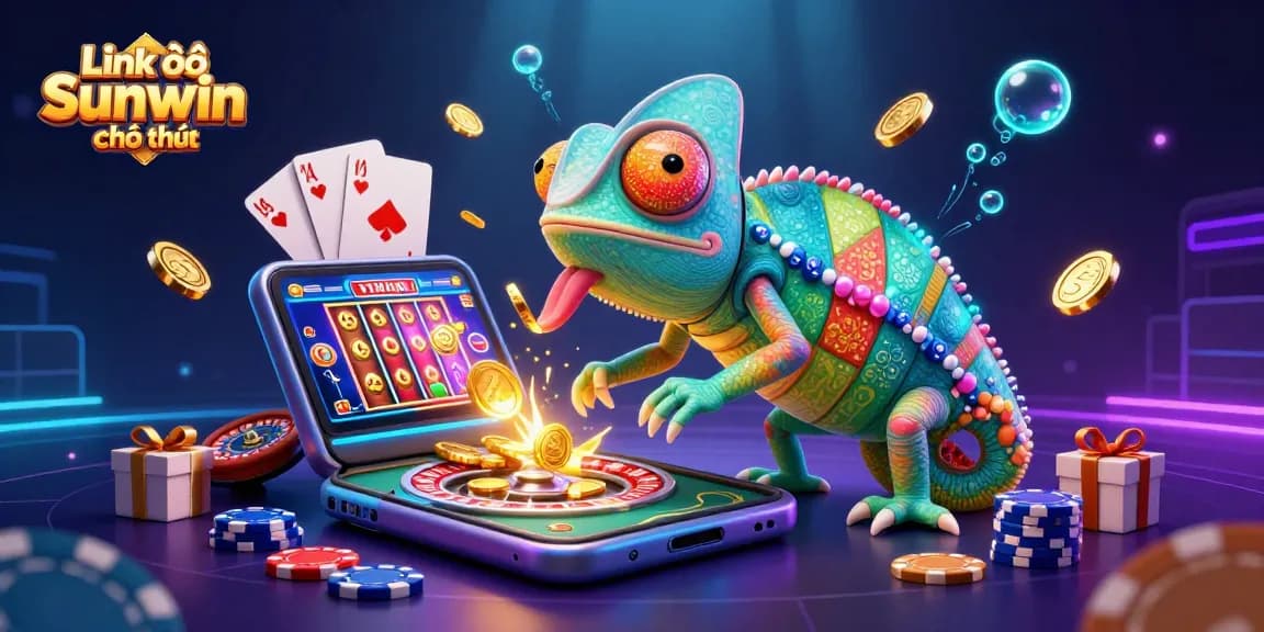 Link vào Sunwin chính thức showcases vibrant 3D chameleon casino owner amidst games, golden coins, and excitement.