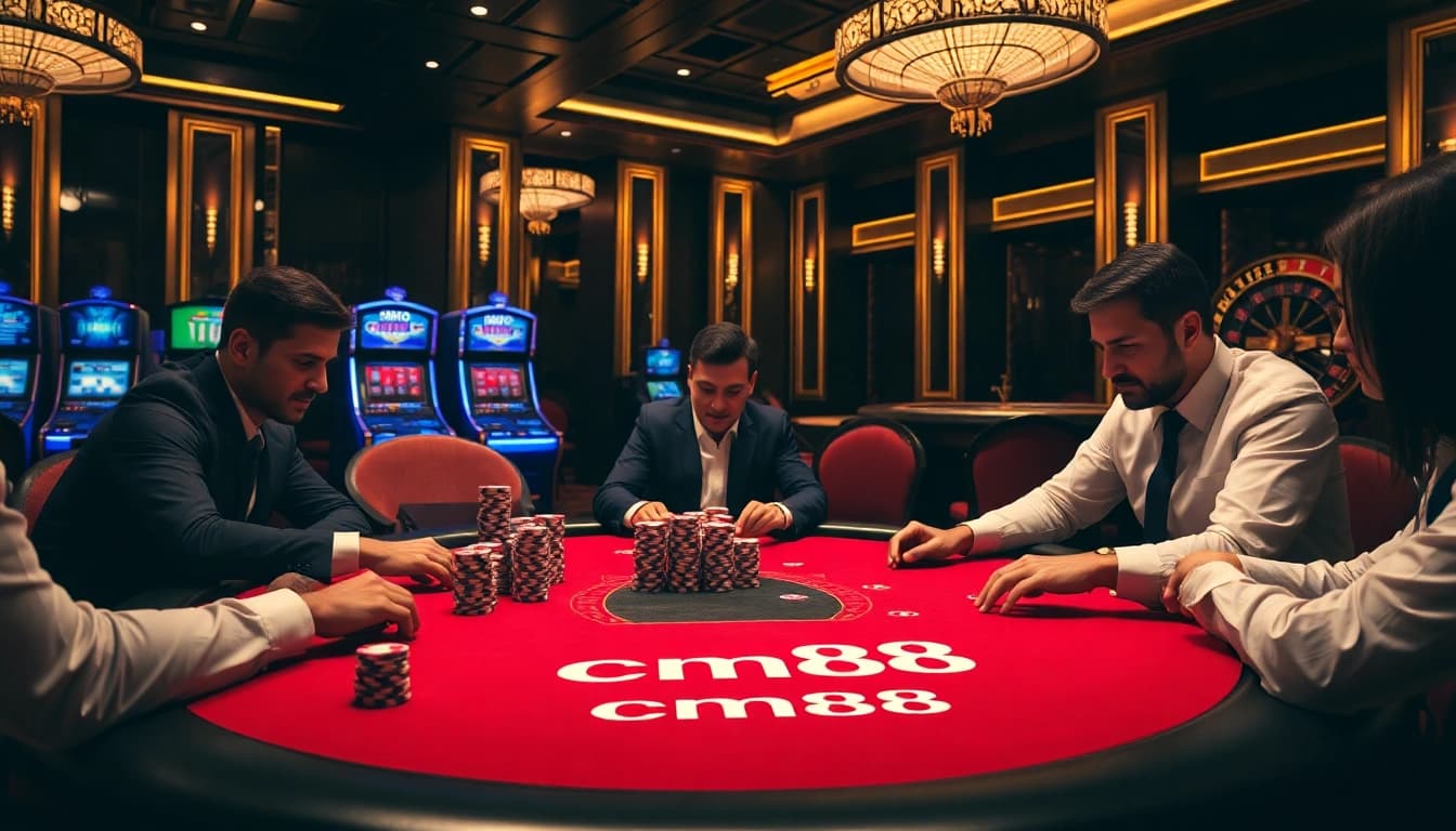 Players showcase their skills and excitement at a cm88-themed poker table in a luxurious casino setting.