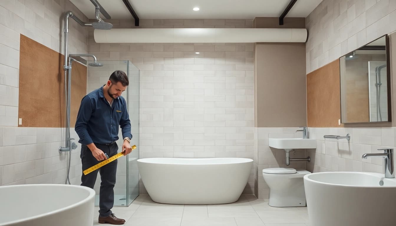 Assessing bathroom renovation cost in a mid-renovation scene showcasing tiles and fixtures.
