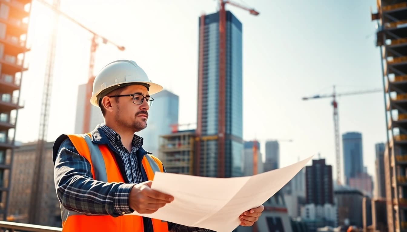 New York City construction manager reviewing plans on an urban building site with cranes.