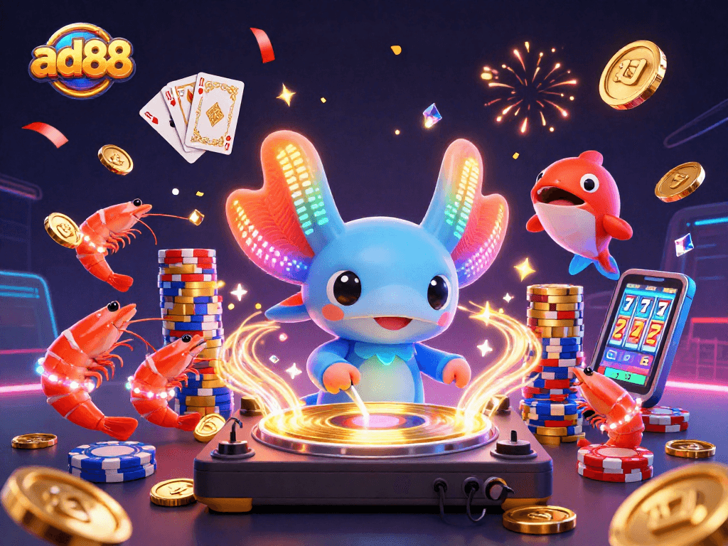 Join the ad88 gaming experience with a neon axolotl DJ and dazzling casino elements!