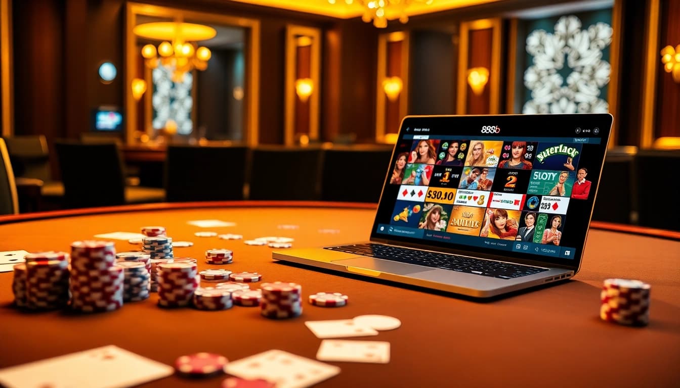 Experience the thrill of 888b online gambling with a luxurious casino scene showcasing poker chips and a roulette wheel.