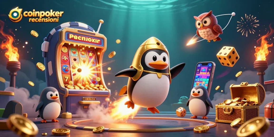 CoinPoker recensioni: un'illustrazione vibrante del casinò con il pinguino dorato e jolly dinamici.