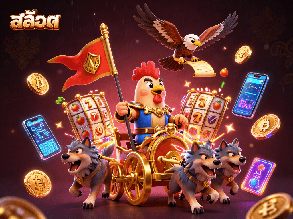 Experience สล็อต thrills with a golden warlord and wolves amid slot reels and crypto elements.