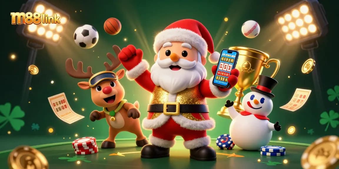 Engage with m88 link for exciting casino wagering featuring Santa and friends in a lively festive scene.