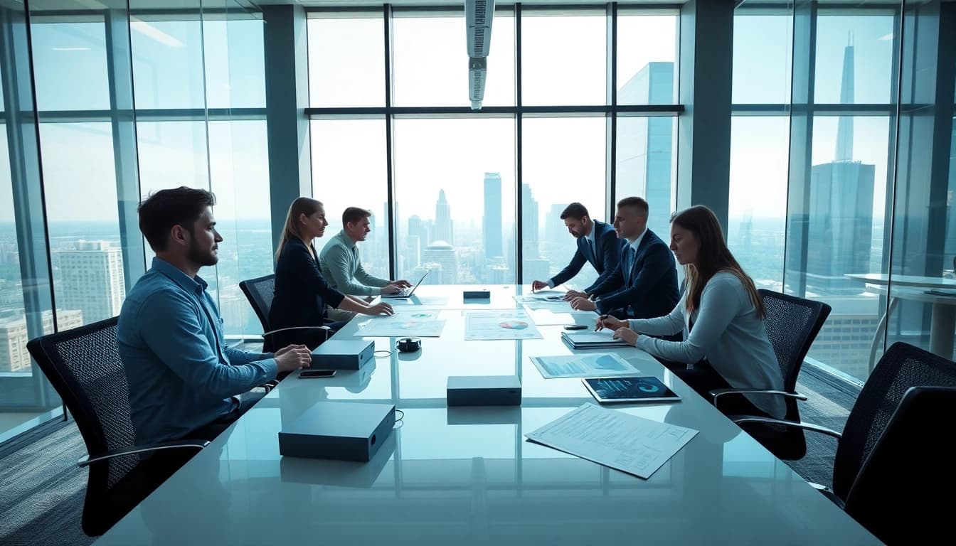 Visualizing a collaborative team discussing Acquisition Planning strategies in a modern office.