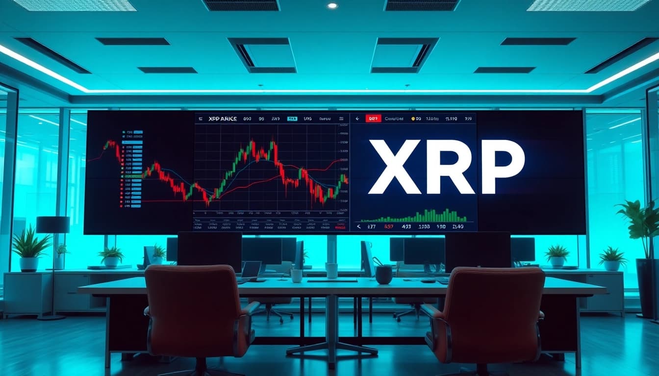 XRP price displayed on a modern trading screen in a vibrant office setting