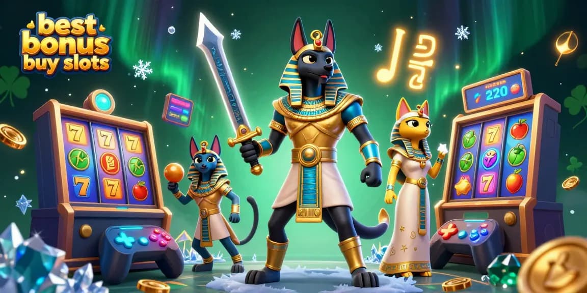 Engage with the best bonus buy slots in a vibrant casino scene with Anubis and Bastet.
